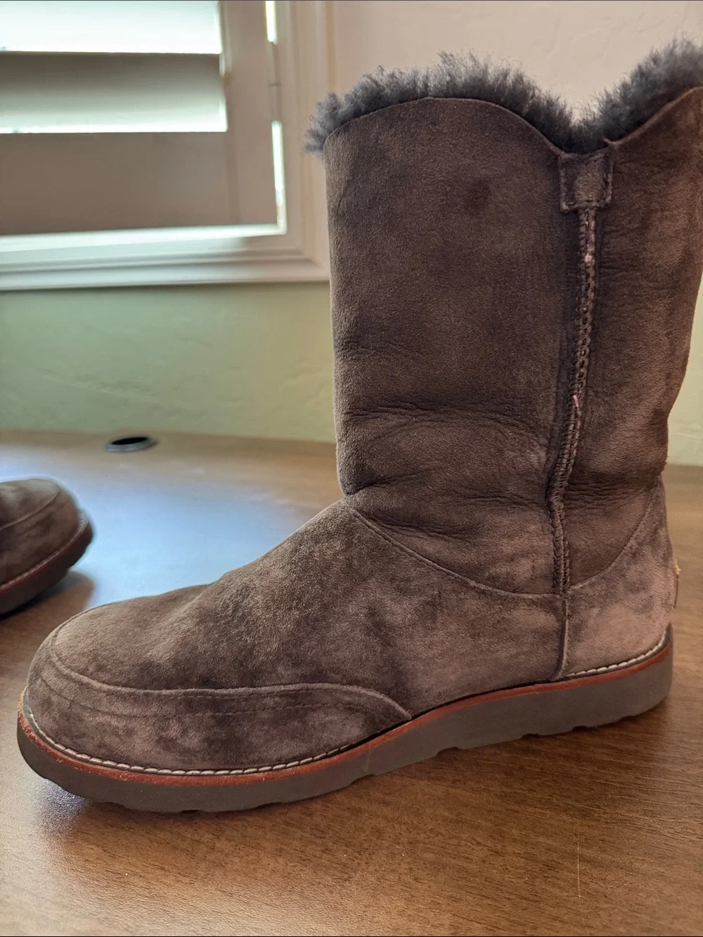 UGG Chocolate Embroidered Suede Shearling-Lined Mid-Calf Boot, Sz. 9